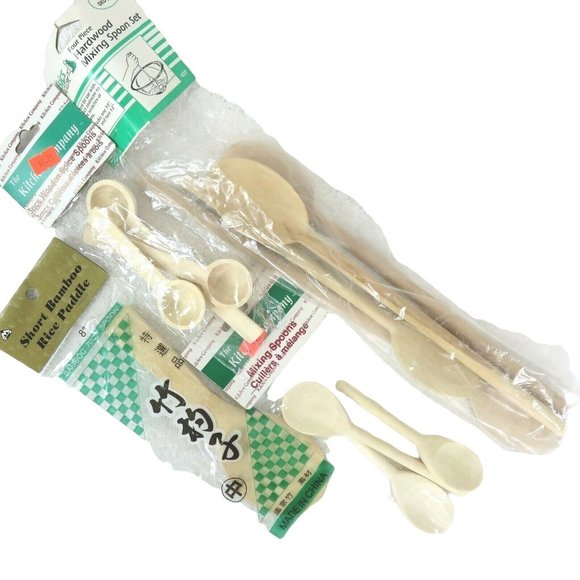 Unbranded Other - Lot of 4 Packs Wooden Spoons and Short Bamboo Rice Paddle New Old Stock